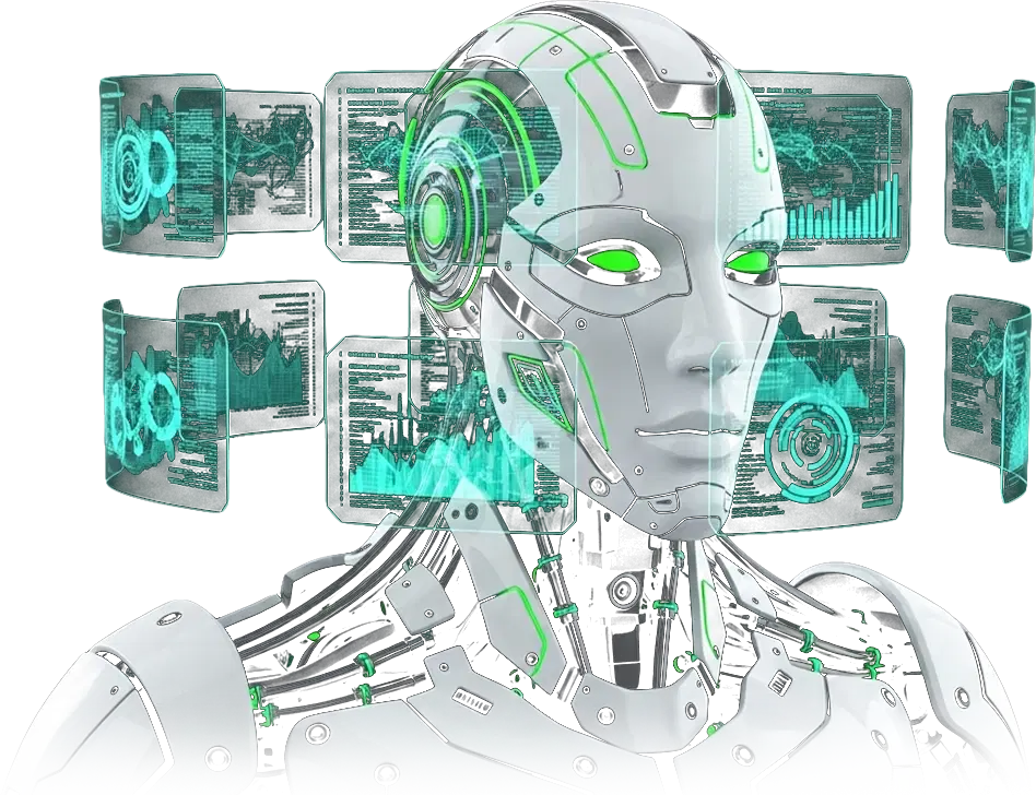 AI humanoid robot surrounded by holographic data screens
