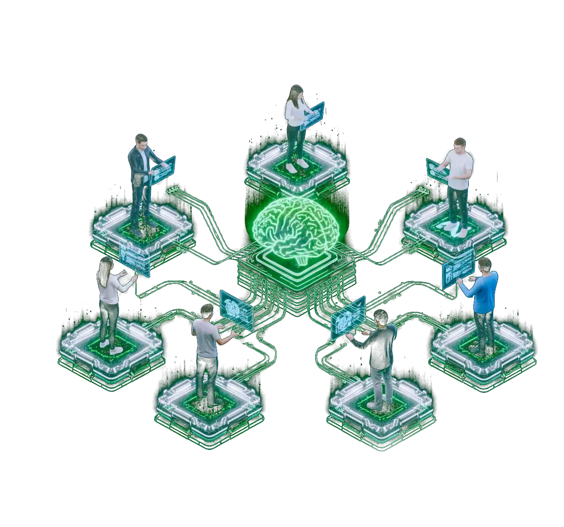 Network of human contributors connected to a central AI brain on hexagonal platforms